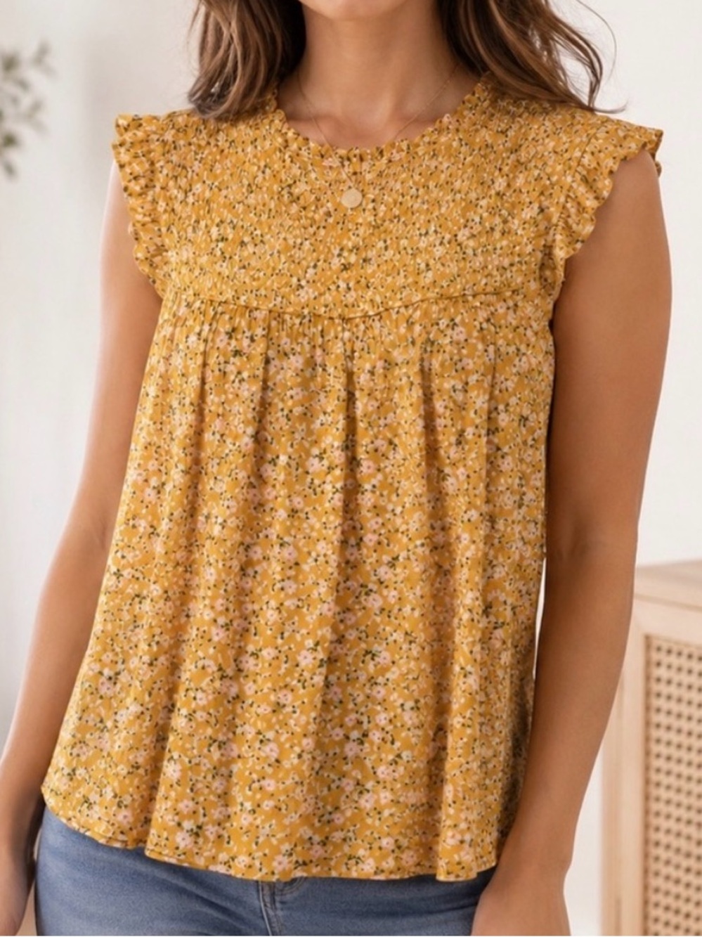Caslon Mustard Floral Smocked Top Sz S Ruffle Sleeve Boho Cottagecore Blouse